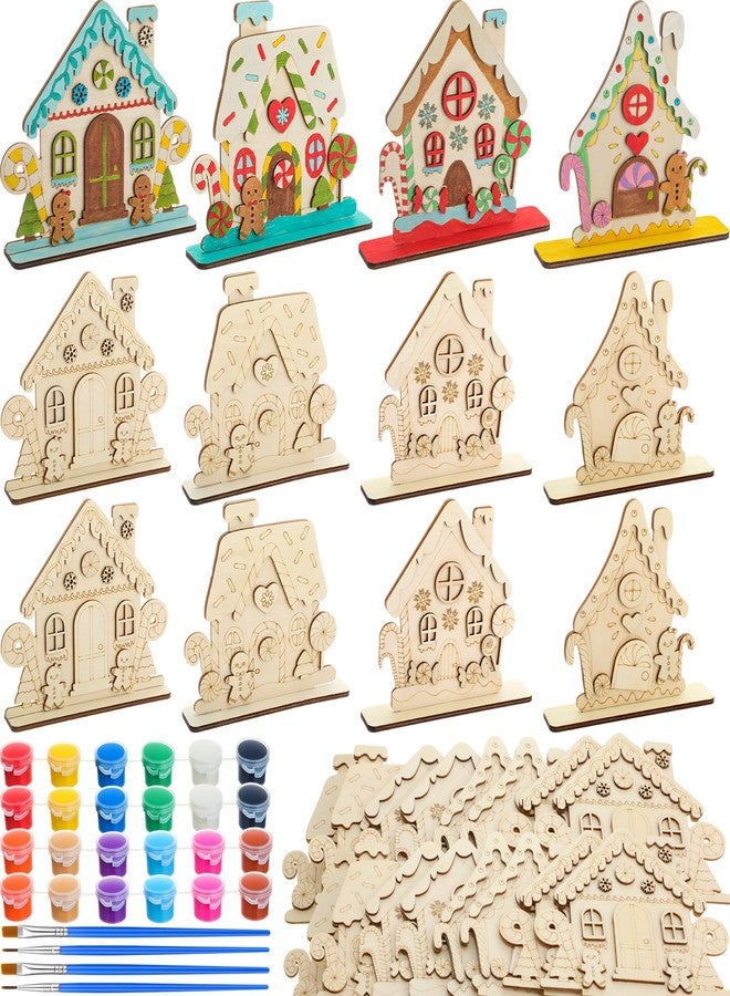 DoubleFill مجموعة دبل فيل المكونة من 12 قطعة، مجموعة أدوات طلاء منزلية لصنع منزل خبز الزنجبيل من الخشب، غير مطلية، مع مجموعة طلاء، مثالية لحفلات أعياد الميلاد، مشاريع فنية يدوية، فرش طلاء. - Image 1